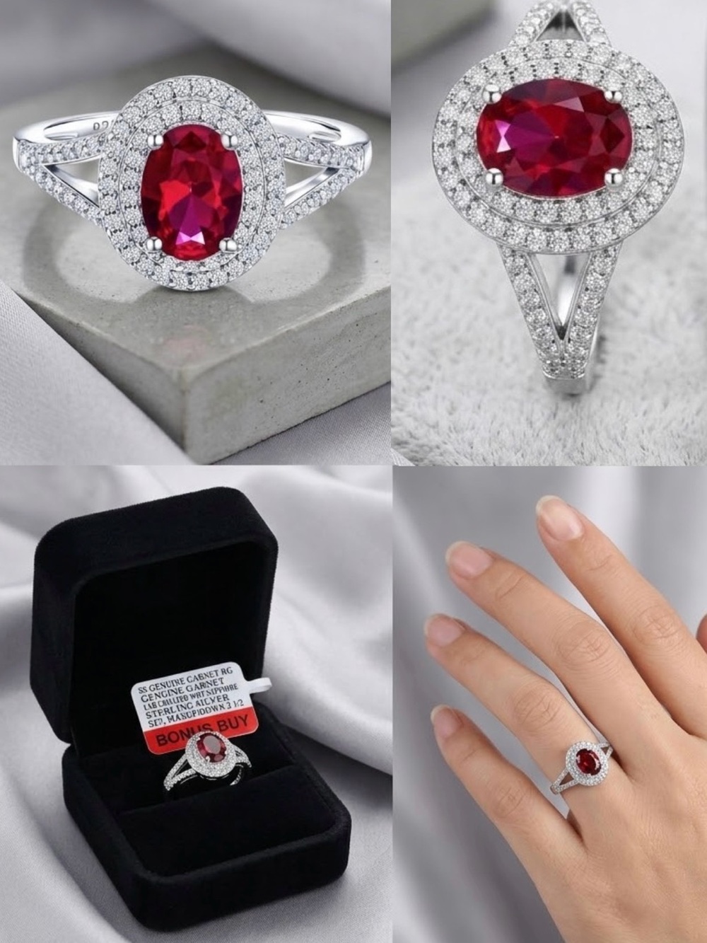 jcpenney Silver Ring with Deep Red Oval Gem and Halo